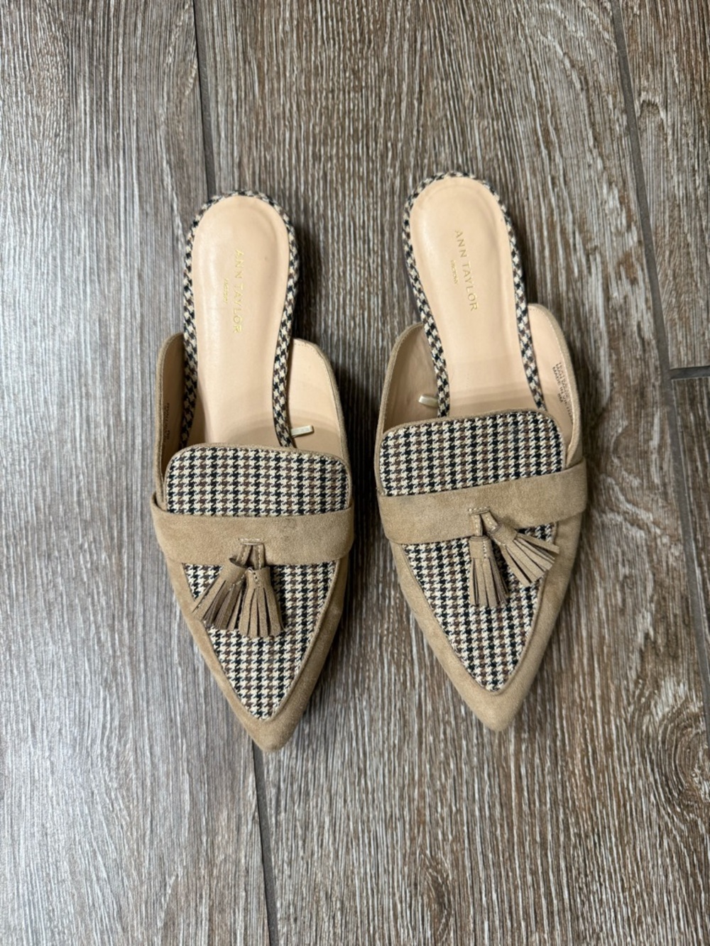 Ann Taylor Tan and Black Houndstooth Tassel Pointed Mules